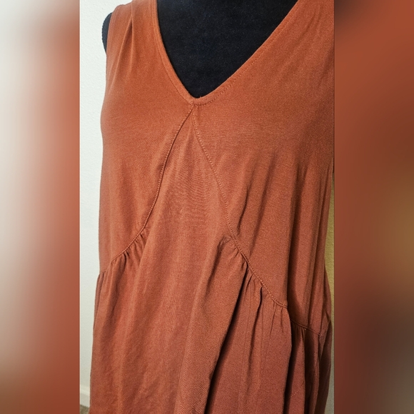 Rust Babydoll Cotton Mini Dress V Neck Size S - Picture 6 of 9
